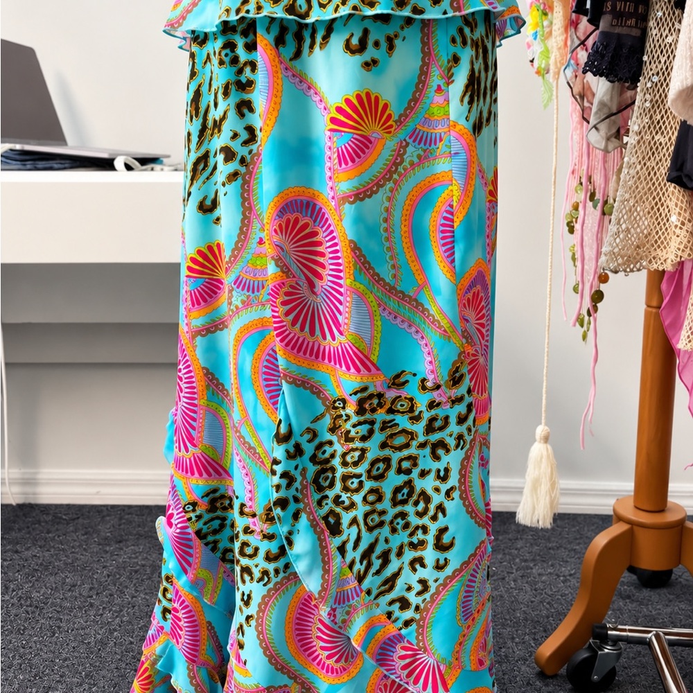 Italian Vibrant Turquoise & Pink Printed Maxi two piece - Picture 3 of 6
